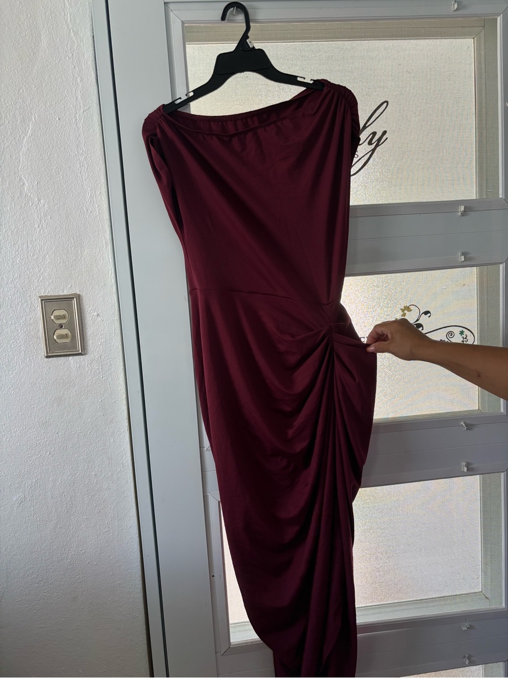 Asymmetrical off the shoulder Burgundy Ruched Womenโs Dress
